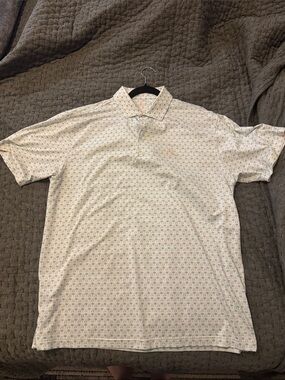 Rhoback Men's Polo in White with Mint Pattern golf cart and palm trees